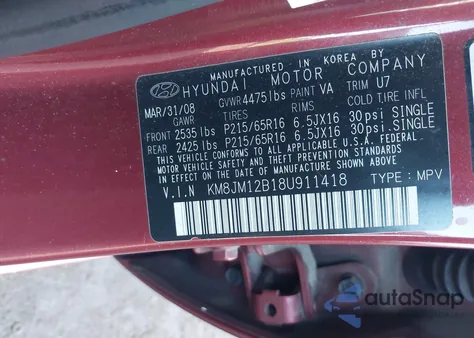 2008 Hyundai Tucson Gls from USA, damaged, VIN KM8JM12B184911418